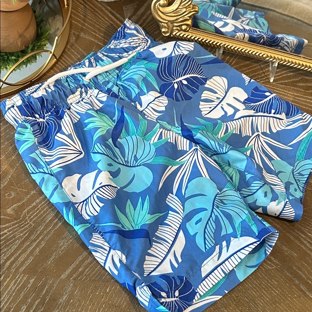 Boys Tropical Blue Palm Tree Leaf Swim Shorts Lined Trunks